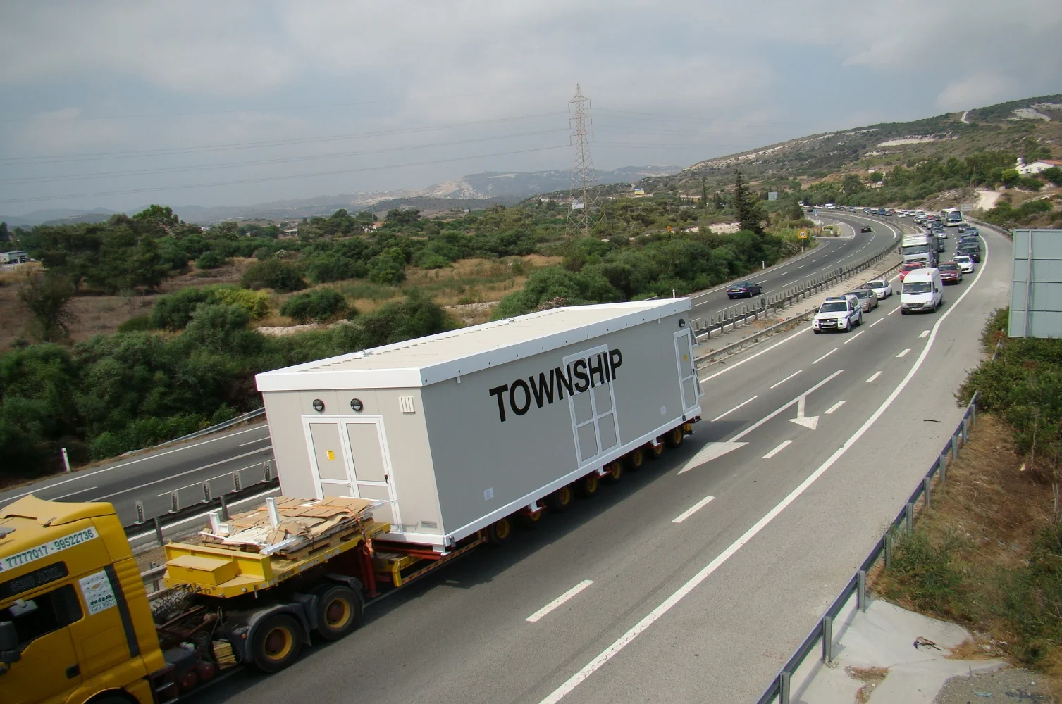 Prefabricated electrocentre in road transport, shown for the Arab Potash 2016 contract